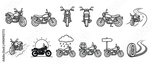 Collection of hand-drawn motorcycle illustrations in various views and scenarios, depicting different aspects of riding