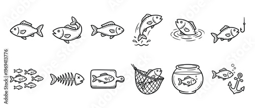 Collection of hand-drawn fish illustrations in various poses and situations, including jumping, swimming, and caught on a hook