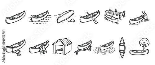 Collection of hand-drawn canoe illustrations depicting various scenarios, including a canoe on water, on land, with a paddle, and with a person