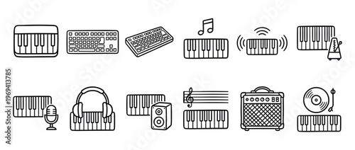 Collection of black outline musical instrument and audio equipment icons on a clean white surface, presented in a simple, graphic style