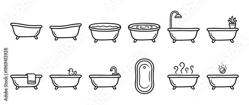 Collection of hand-drawn black and white bathtub icons with various details and accessories, presented in a clean, simple doodle style