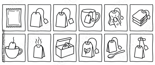 Twelve simple black and white line art illustrations depict various tea bags and related items in a grid format
