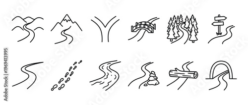 Collection of twelve simple black outline icons depicting various paths, roads, and trails in different natural settings
