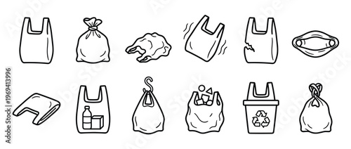 Collection of various black outline plastic bags and recycling icons in a clean, illustrative style