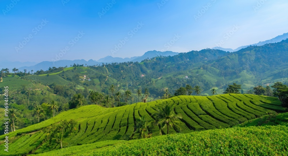 Obraz premium Scenic aerial view of lush mountain tea plantations under clear skies