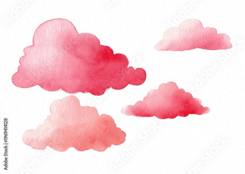 Watercolor rendering of four pink clouds against a clean white background
