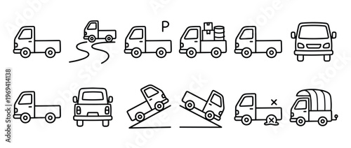Collection of simple black outline drawings depicting various small pickup trucks in different scenarios and angles
