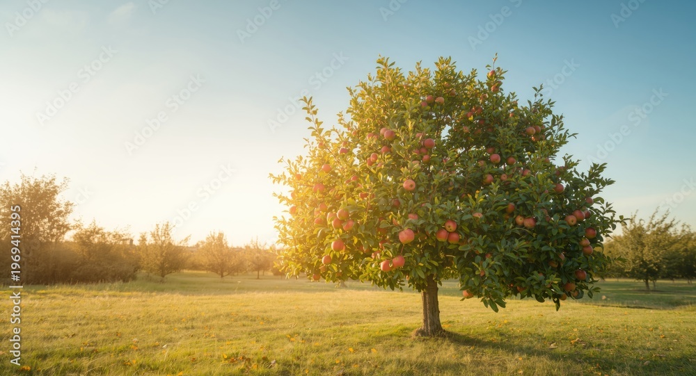 Fototapeta premium Fruit laden apple tree basking in golden daylight on a clear day