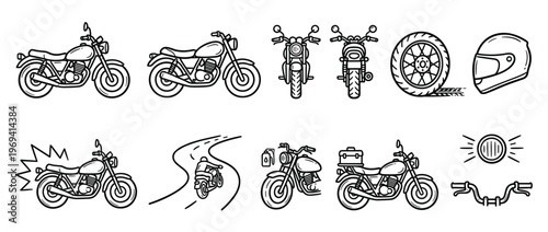 Collection of hand-drawn motorcycle icons and elements, featuring various views of bikes, a helmet, wheel, and handlebars