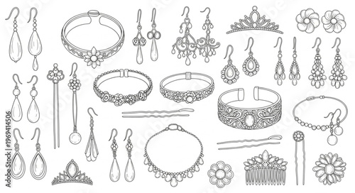 Collection of Elegant Jewelry Designs Hand-Drawn Sketch.