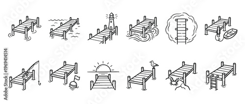 Collection of hand-drawn dock and pier illustrations depicting various water activities and marine elements in a simple, charming style