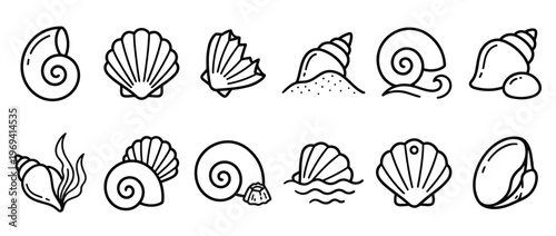 Collection of twelve distinct black outline seashell icons, featuring various spiral and bivalve shapes, some with sand, waves, or seaweed, presented in a clean, minimalist style
