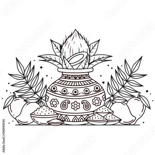 Ugadi festival outline pot with mango coconut leaves and flowers eps 10