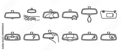 Collection of black outline car rearview mirror icons illustrating various driving scenarios and mirror types