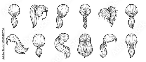 Collection of various hand-drawn female hairstyles, including ponytails, braids, and loose hair, in black and white line art
