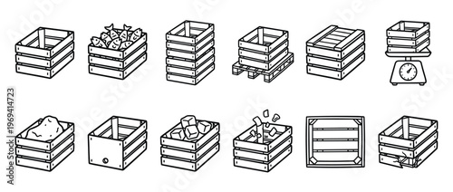 Collection of various wooden crates, some empty, some filled with items like fish, ice, or potatoes, depicted in a clean black and white line art style