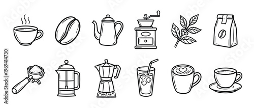 Twelve hand-drawn coffee-related icons, including cups, beans, pots, grinders, and brewing equipment, presented in a clean, illustrative style