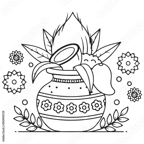 Ugadi festival outline pot with mango coconut leaves and flowers eps 10
