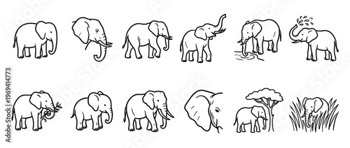 Collection of simple black outline cartoon elephants in various poses and activities, depicted with clean lines and minimal detail