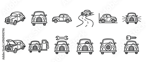 Collection of hand-drawn black and white vintage car icons depicting various driving and maintenance scenarios