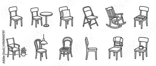 Collection of various chairs and furniture items, including a rocking chair, folding chair, and a chair with a book, all depicted in a simple black and white line art style