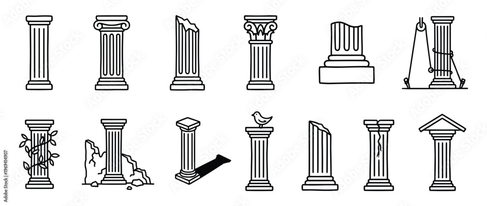 Fototapeta premium Collection of various ancient Greek and Roman architectural columns in a simple line art style