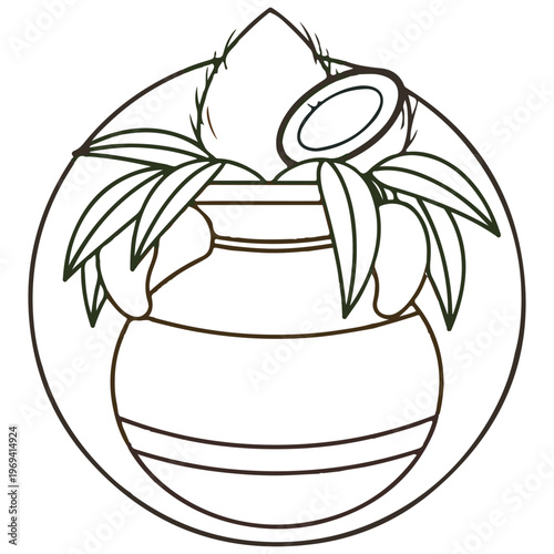 Ugadi festival outline pot with mango coconut leaves and flowers eps 10