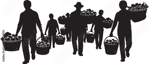 Farmers Carrying Harvest Baskets Silhouette Style Agriculture Vector Illustration.
