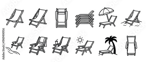 Collection of black outline illustrations depicting various beach chairs and lounge chairs in different positions and settings