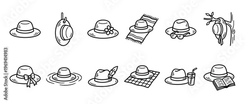 Collection of twelve hand-drawn summer hats in various styles and settings, depicted in a simple black outline cartoon illustration
