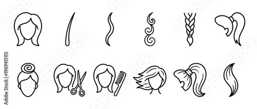 Collection of black outline icons representing various hairstyles, hair types, and hairdressing tools, presented in a clean, minimalist style