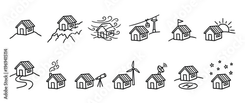 Collection of simple black outline house icons depicting various scenarios and environments, presented in a clean, graphic style