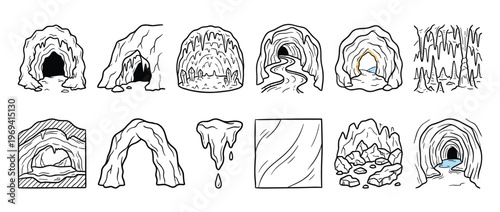 Collection of various hand-drawn cave entrances and rock formations, depicted in a simple black and white line art style