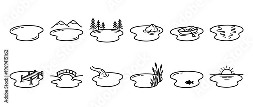 Collection of simple black outline pond icons depicting various natural and man-made elements, presented in a clean, minimalist style