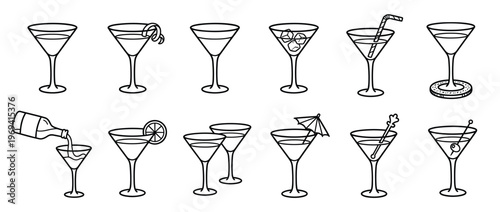 Collection of simple black outline martini glasses with various garnishes and accessories, presented in a clean, minimalist style
