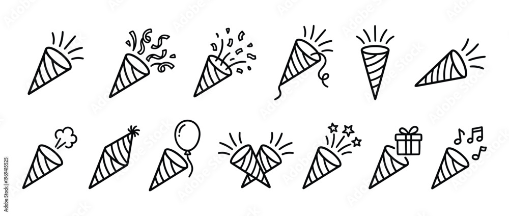 © Mr. Stocker - Collection of black outline party popper icons, some exploding with confetti, streamers, and stars, in a clean, graphic style
