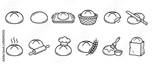 Collection of hand-drawn black and white bread rolls and baking elements, illustrating various stages of preparation and consumption