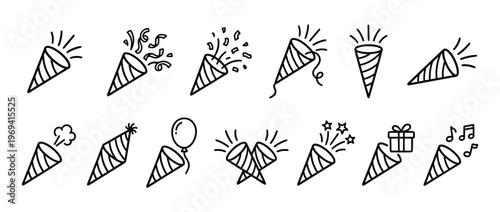 Collection of black outline party popper icons, some exploding with confetti, streamers, and stars, in a clean, graphic style