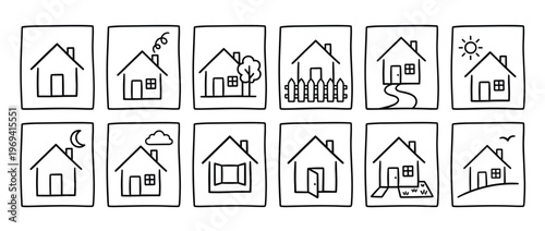 Collection of twelve simple hand-drawn house icons in black outline, each depicting a different home scenario or feature
