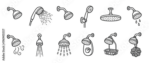 Collection of various hand-drawn shower heads and bath accessories in a simple, clean line art style