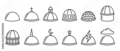 Collection of various dome-shaped icons with different architectural and symbolic elements, presented in a clean line art style