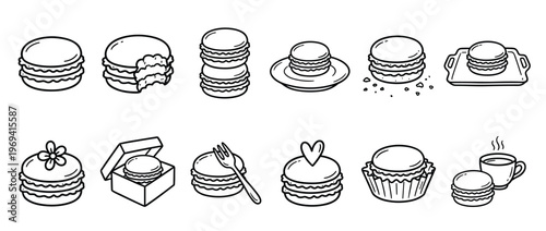 Various black outline illustrations of delicious macarons in different arrangements and presentations, showcasing their sweet appeal