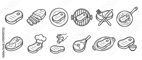 Various hand-drawn black and white steak icons illustrate different cuts, cooking methods, and serving styles for beef