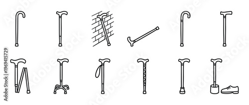 Collection of twelve diverse walking stick and cane outline icons, featuring various handle types and support styles