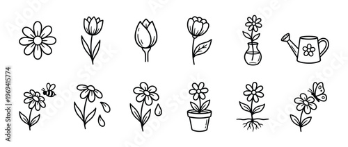 Collection of hand-drawn black outline flower illustrations, including tulips, daisies, and gardening elements in a simple, artistic style