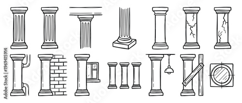 Various hand-drawn architectural columns and building elements are depicted in a simple black and white doodle style, showcasing different designs and conditions