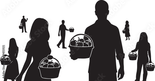 People Carrying Apple Baskets Silhouette Harvest Vector Illustration