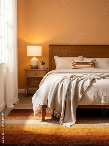 Cozy bedroom interior with warm tones and minimalistic decoration design