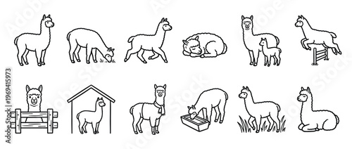 Collection of cute black outline alpacas in various poses and activities, including standing, eating, sleeping, and jumping