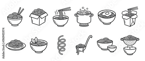 Collection of various noodle dishes and cooking utensils depicted in a clean, minimalist black and white line art style